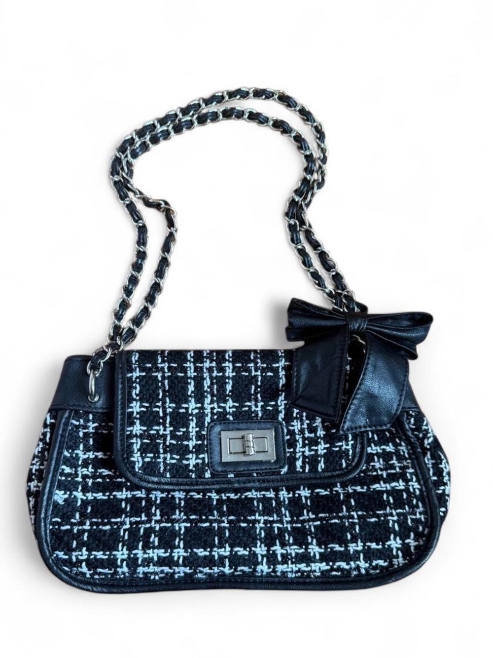 Vintage Y2K ALDO Tweed Bow Shoulder Bag Black White Gossip Girl Coquette